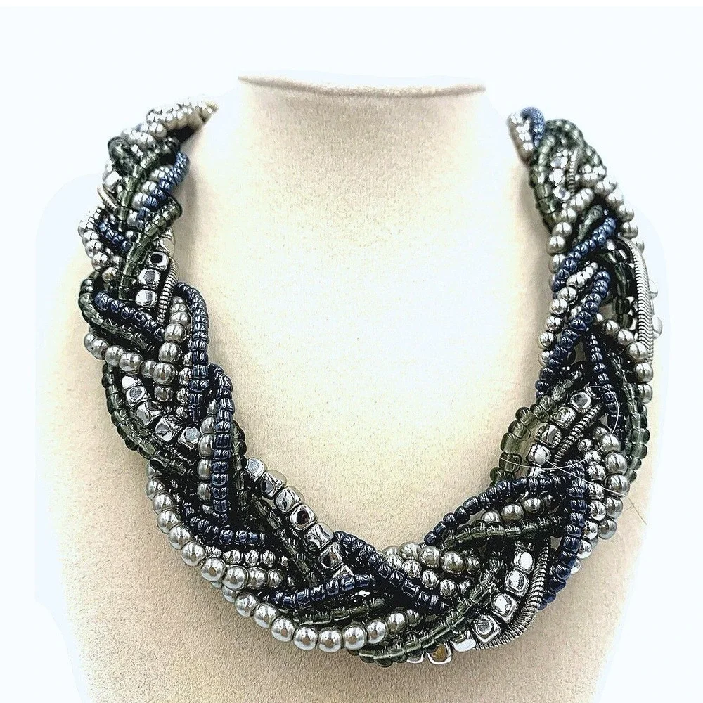 Premier Designs Interwoven Multi Strand Braided Beaded Bib Necklace Blue Green